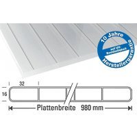 PC Breitkammerplatte - Struktur glatt - 980mm breite - 16mm Stärke - glasklar / transparent - Breitkammerplatte VLF-PC16 - glasklar / transparent